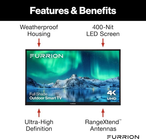 Furrion Aurora 50-Inch Full-Shade 4K LED Outdoor Smart TV - Weatherproof Outdoor Television w/ HDR10, Anti-Glare, 400-Nit LED Screen, Impact-Resistant Screen, External Antenna for Shaded Outdoor Areas - Image 3