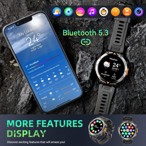 Military Smart Watches for Men Built-in GPS 3ATM Waterproof with Call/LED Flashlight, 1.45" Rugged Tactical Smartwatch with Compass, Fitness Tracker with HR/SPO2/Sleep Monitor for iPhone Android - Image 9
