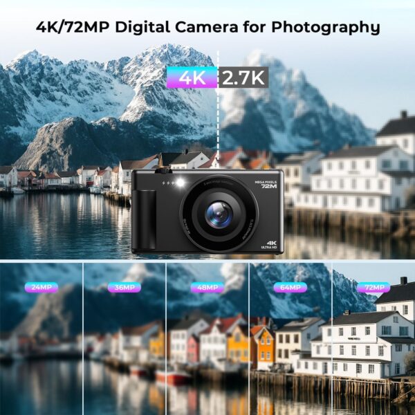4K Digital Camera for Photography, 72MP Autofocus Vlogging Cameras for YouTube with 64GB SD Card and Battery, 18X Digital Zoom 2.8" 270° Flip Screen Compact Travel Camera for Teens - Image 3