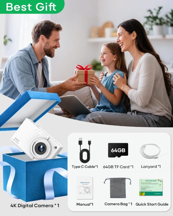 Digital Camera, 4K Vlogging Camera with Autofocus, 64MP, 16X Zoom, 64GB Card Included, Built-in Battery, Compact Digital Camera for Teens Adult Beginners, Ideal for Travel & YouTube - White - Image 8