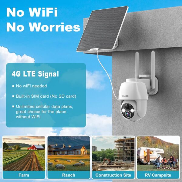 4G LTE Cellular Solar Security Camera, Wireless Outdoor Solar Powered Camera No WiFi Needed, 2K Color Night Vision, 360° Full View, PIR Motion Detection & Siren, 2 Way Talk (SIM Card Included) - Image 2