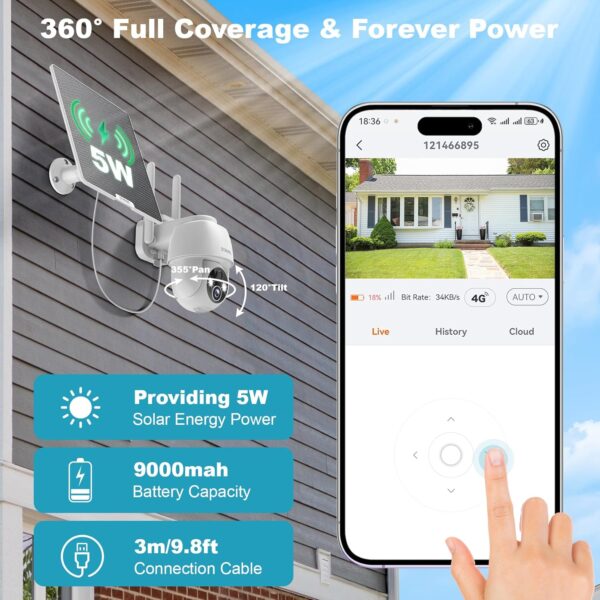 4G LTE Cellular Solar Security Camera, Wireless Outdoor Solar Powered Camera No WiFi Needed, 2K Color Night Vision, 360° Full View, PIR Motion Detection & Siren, 2 Way Talk (SIM Card Included) - Image 3