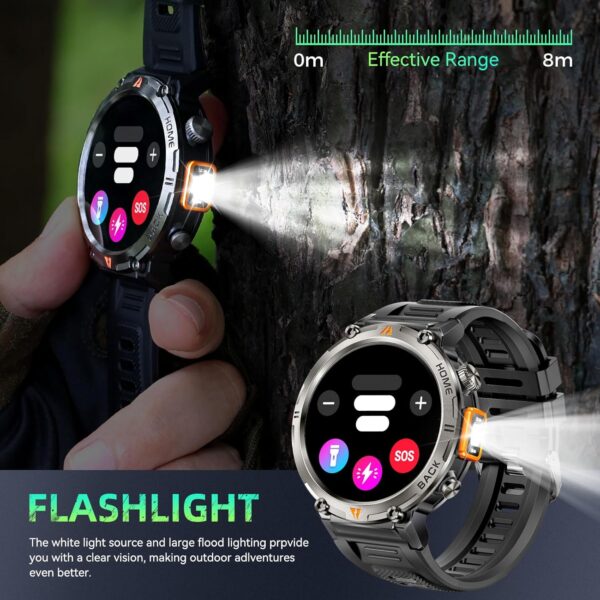 Military Smart Watches for Men Built-in GPS 3ATM Waterproof with Call/LED Flashlight, 1.45" Rugged Tactical Smartwatch with Compass, Fitness Tracker with HR/SPO2/Sleep Monitor for iPhone Android - Image 4