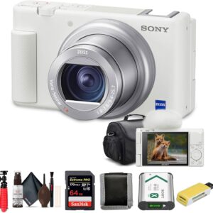 Sony ZV-1 Digital Camera White (DCZV1/W), 64GB Memory Card, Card Reader, Deluxe Soft Bag, Flex Tripod, Memory Card Wallet, Cleaning Kit