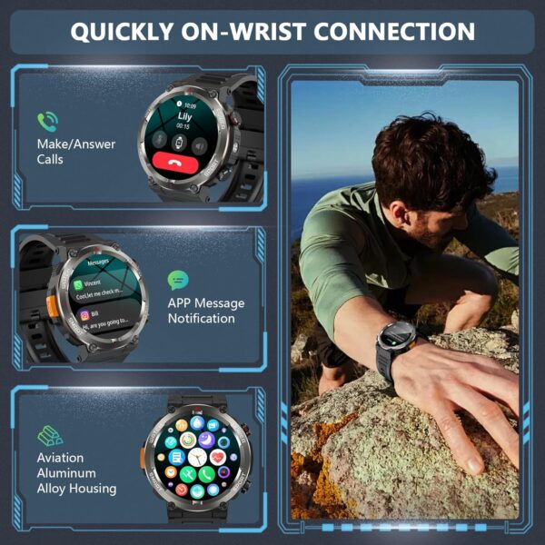 Military Smart Watch for Men, 100 Days Battery/Led Flashlight/Compass/2 Straps/IP68 Waterproof Smart Watches for Men, Tactical Smart Watch Outdoor, Answer/Make Calls Fitness Tracker for iPhone/Android - Image 5
