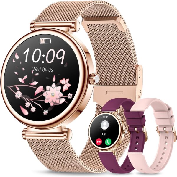Small Smart Watch for Women with Bluetooth Call, 1.27” Ladies Smart Watch,120+ Sports Modes Step Counter Fitness Watch, HR/BP/SpO2 Sleep Monitor, IP68 Waterproof Smartwatch for Android/iOS Rosegold