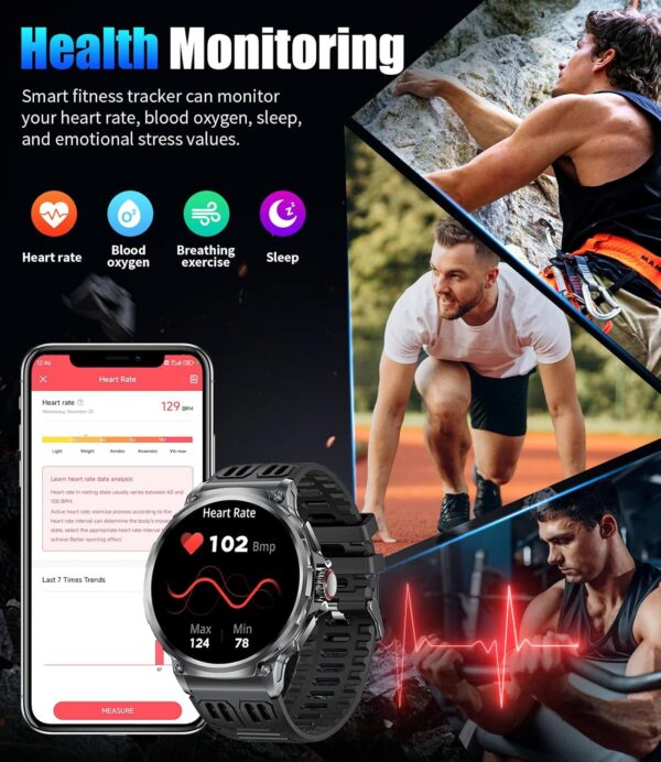 SUNKTA EF10 Smart Watch for Men, 1.85" Extra Large Screen Smartwatches, 30 Days Long Battery, 100+ Sports Mode/Pedometer/IP68 Waterproof, Fitness Tracker Watch Compatible Android iOS, 3 Straps - Image 4