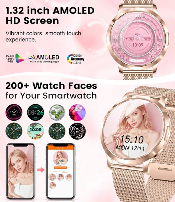 SUNKTA Smart Watch for Women(Dial/Answer Call), 1.32" AMOLED HD Display, 100+ Sports Mode Fitness Tracker Watch, 5ATM Waterproof/IP68/Sleep Smartwatch Women, iOS Android Smart Watches for Women - Image 2