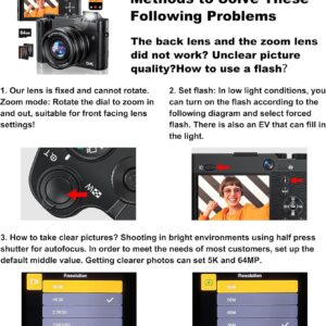 Digital Camera, 6X Optical Zoom & WiFi, 5K 30FPS 64MP Vlogging Camera, Rear and Front Cameras for Photography and Video, Autofocus & Anti-Shake, Travel Selfie for YouTube with Flash Dial 64GB Card