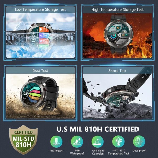 Military Smart Watch for Men, 100 Days Battery/Led Flashlight/Compass/2 Straps/IP68 Waterproof Smart Watches for Men, Tactical Smart Watch Outdoor, Answer/Make Calls Fitness Tracker for iPhone/Android - Image 4