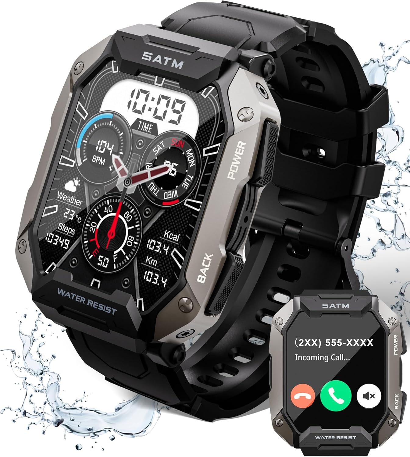 Smart Watch for Men with Answer/Make Call, 100+ Sports Modes Fitness Watch, IP68 Waterproof 80 Days Extra-Long Batter/Stress/Sleep Monitor Smartwatch for Android, Black