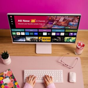 LG 27SR5BF-P 27-inch FHD (1920×1080) Smart Monitor with Streaming TV, webOS, Wireless Keyboard, Mouse, HDR10, IPS Display, webOS, Speaker, ThinQ App, Remote Control, Pink