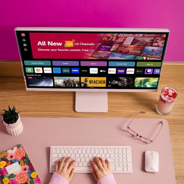 LG 27SR5BF-P 27-inch FHD (1920x1080) Smart Monitor with Streaming TV, webOS, Wireless Keyboard, Mouse, HDR10, IPS Display, webOS, Speaker, ThinQ App, Remote Control, Pink - Image 2