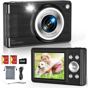 Upgrade Digital Camera, 56MP FHD 1080P for Kids with 16x Zoom Anti Shake, 32GB TF Card, Two Batteries, Lanyard, Compact Small for Boys Girls （Black）