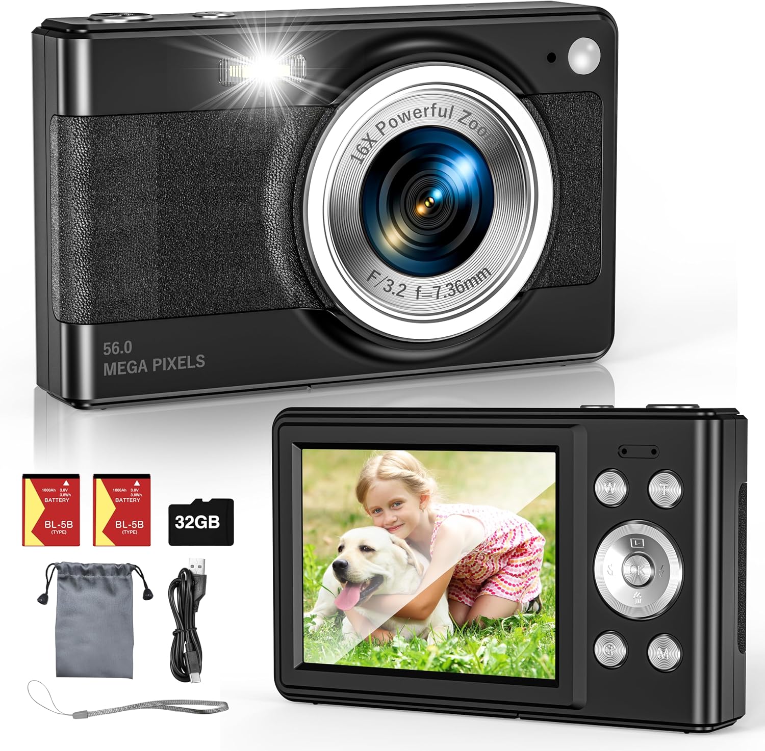 Upgrade Digital Camera, 56MP FHD 1080P for Kids with 16x Zoom Anti Shake, 32GB TF Card, Two Batteries, Lanyard, Compact Small for Boys Girls （Black）