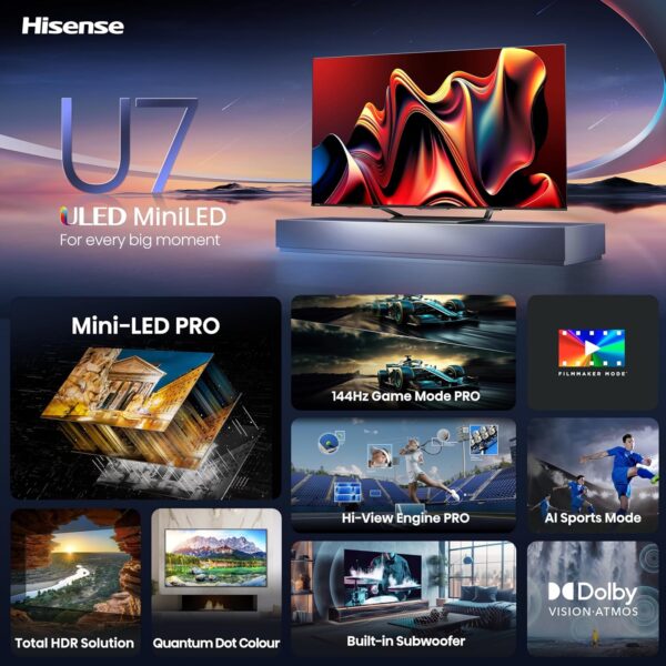 Hisense 85-Inch Class U7 Series Mini-LED ULED 4K UHD Google Smart TV (85U7N) - QLED, Dolby Vision IQ, Dolby Atmos, Full Array Local Dimming, 144Hz Game Mode Pro, VRR, Alexa Compatibility - Image 3