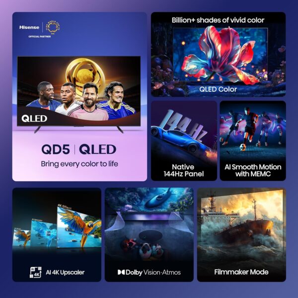Hisense 98" Class QD5 Series (98QD5QG, 2025 Model) QLED 4K UHD Smart Google TV, Native144Hz, Motion Rate 480, Dolby Vision Atmos, HDR 10+, AMD FreeSync Premium, MEMC, VRR, ALLM - Image 3