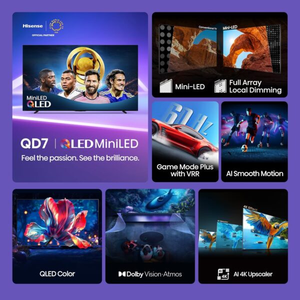 Hisense 50" Class QD7 Series Mini-LED 4K UHD Smart Fire TV (50QD7QF, 2025 Model) - QLED, HDR10+, Dolby Vision, Dolby Atmos, Game Mode Plus, ALLM, Alexa Built in with Voice Remote, Streaming TV, Black - Image 3