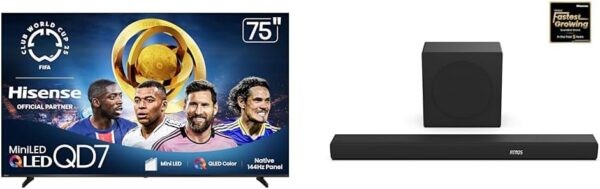 Hisense 75QD7QF Mini-LED 4K UHD Smart Fire TV AX3100Q 3.1Ch Sound Bar with Wireless Subwoofer