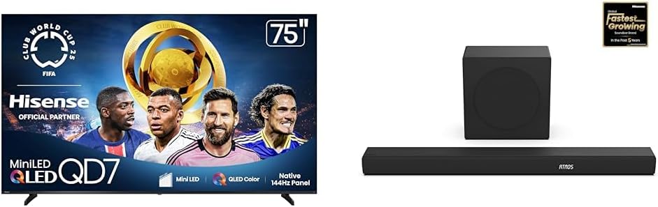 Hisense 75QD7QF Mini-LED 4K UHD Smart Fire TV AX3100Q 3.1Ch Sound Bar with Wireless Subwoofer