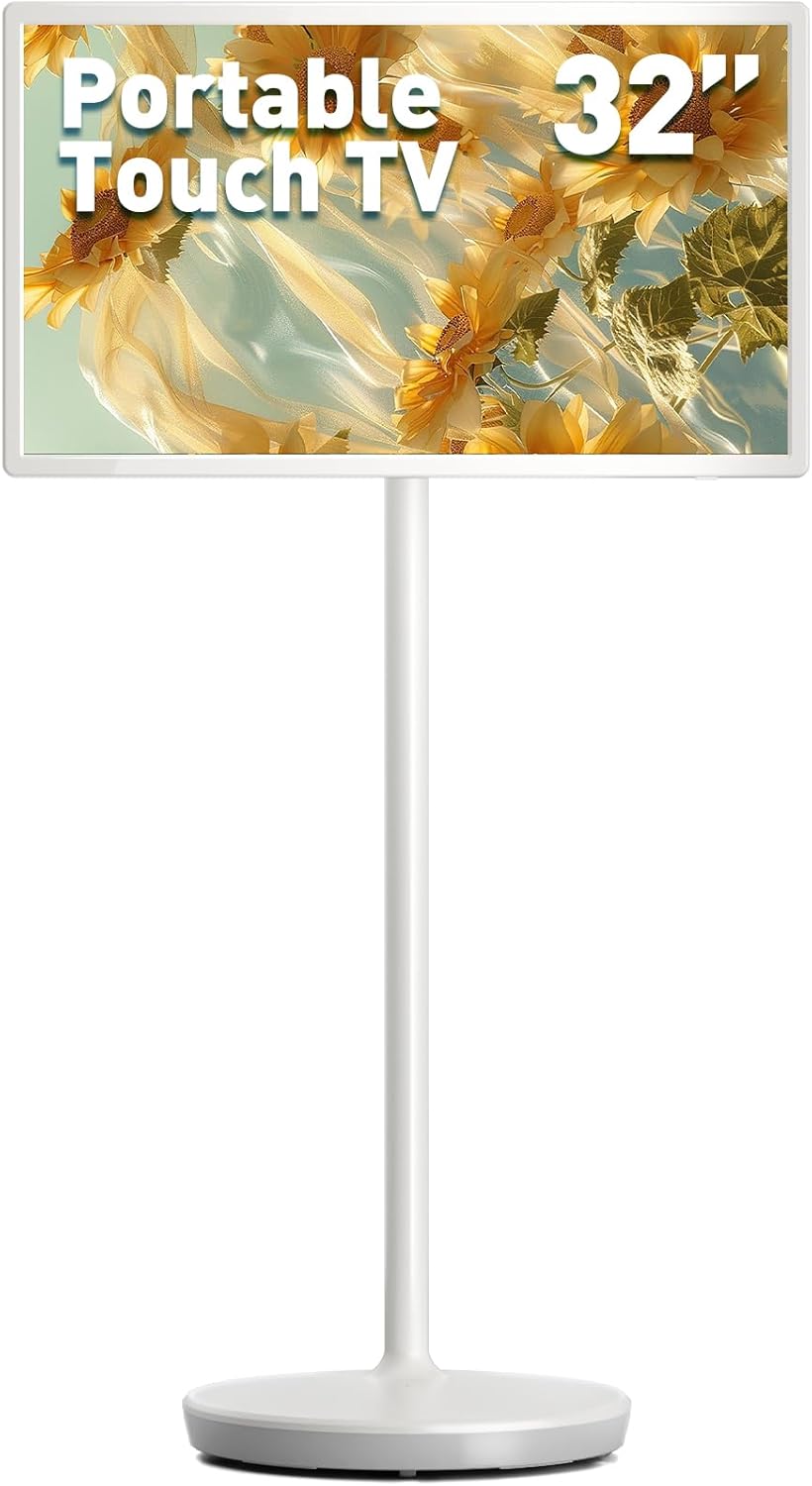32-Inch Portable TV with Touch Screen | 6GB RAM + 128GB Storage | 1080P Full HD Portable Monitor with Built-in 8-Hour Battery | Android 13 OS | Rolling TV on Wheels | Remote Control