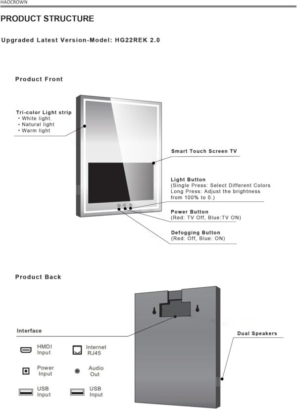 Haocrown 24x32 Inch Bathroom Vanity Mirror with 21.5" Touch Screen Smart TV, Streaming Apps, Weather Clock Date, 3 Color Dimmable LED Light, Anti-Fog Wi-Fi Bluetooth HDMI, Vertical Wall Mounted (2025) - Image 8