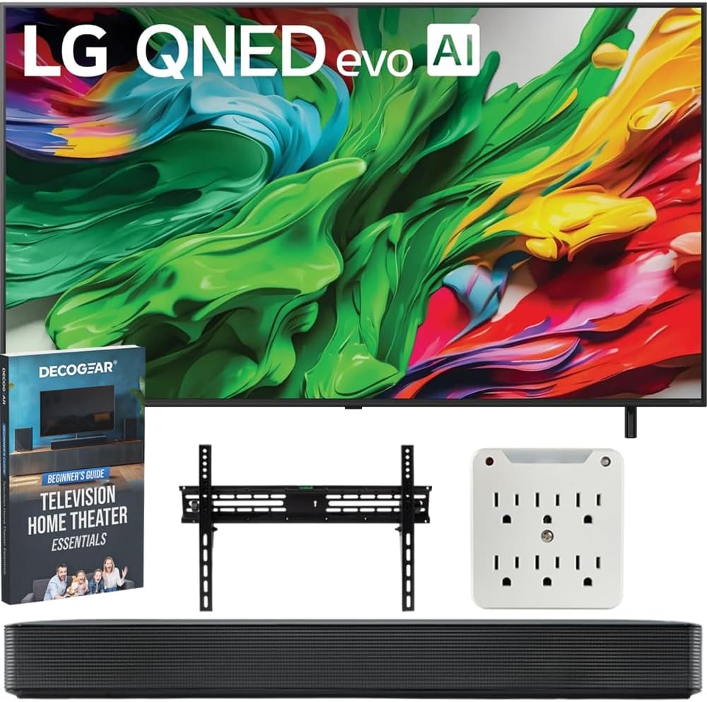LG 65QNED85AUA 65 inch Mini LED QNED AI 4K Smart TV (2025) Bundle with SKM1 2.0-Ch. Soundbar, 37"-70" TV Wall Mount, 6-Outlet Surge Adapter & Deco Gear Complete Home Theater Beginner's Guidebook