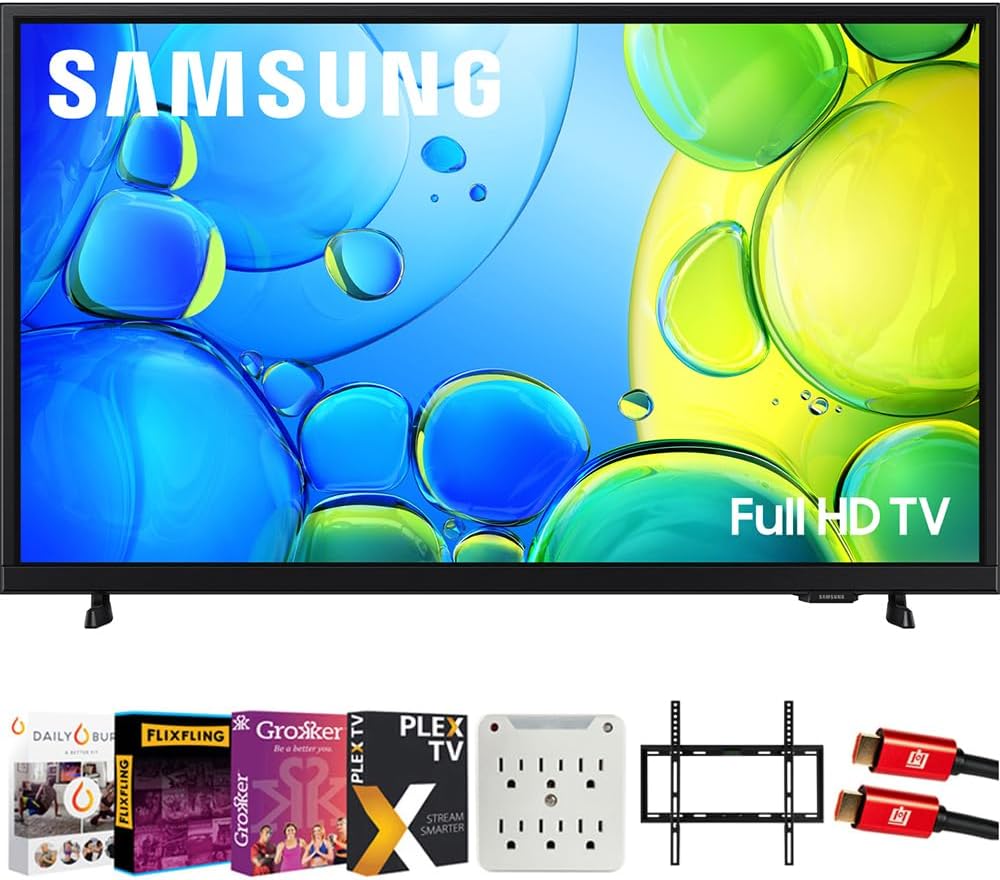 Samsung 32" F6000F 4K Smart TV (2025) Bundle with Premiere Movies Streaming + 19-45 Inch TV Wall Mount + 6-Outlet Surge Adapter + 2X HDMI Cable & Deco Gear Complete Home Theater Beginner's Guidebook
