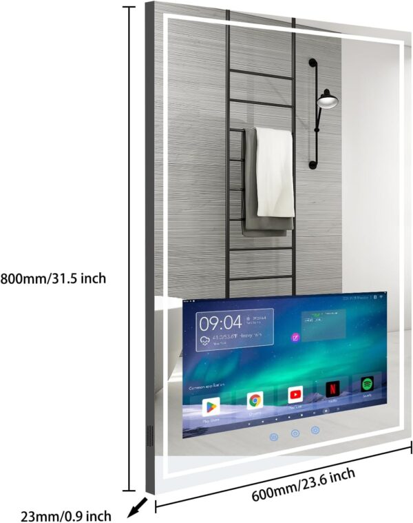 Haocrown 24x32 Inch Bathroom Vanity Mirror with 21.5" Touch Screen Smart TV, Streaming Apps, Weather Clock Date, 3 Color Dimmable LED Light, Anti-Fog Wi-Fi Bluetooth HDMI, Vertical Wall Mounted (2025) - Image 6