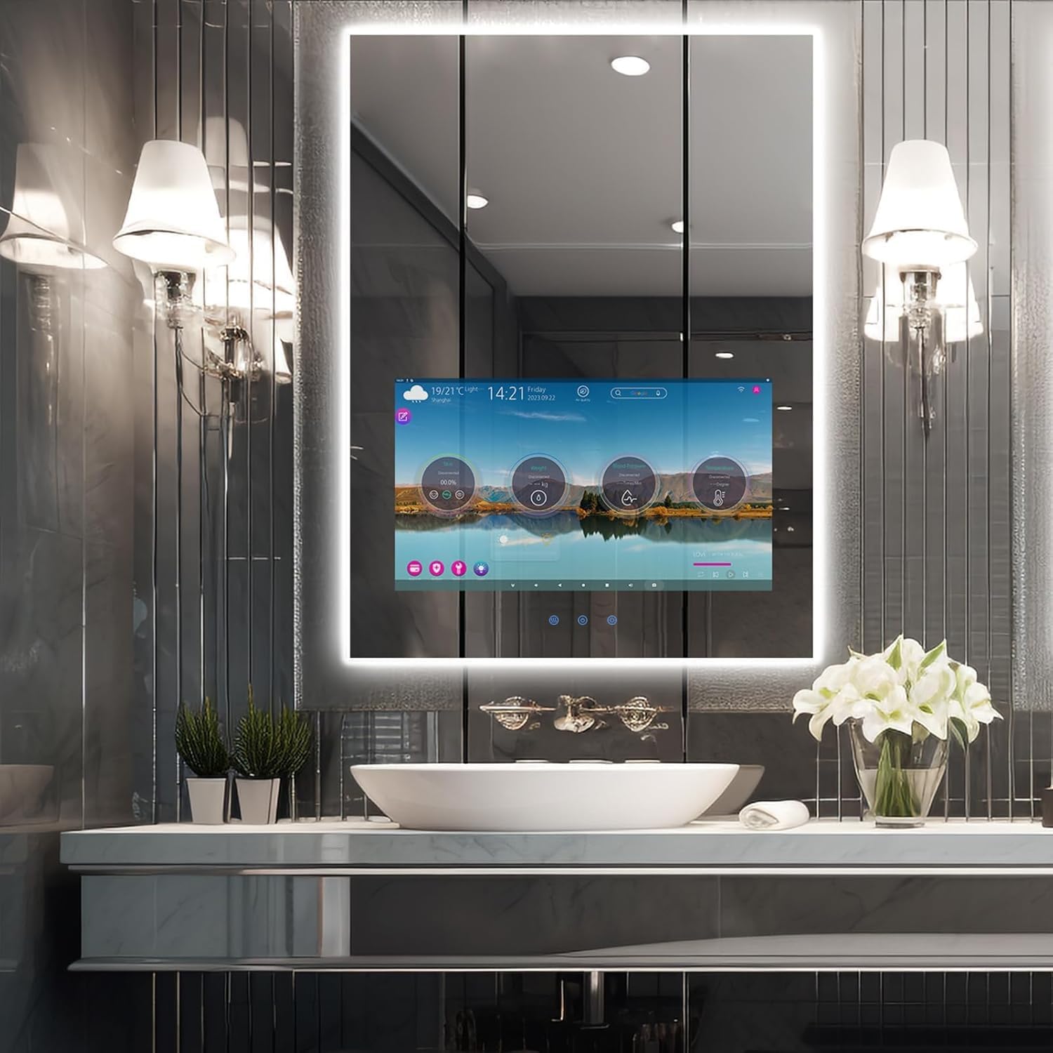Haocrown 24x32 Inch Bathroom Vanity Mirror with 21.5” Touchscreen Smart TV, Streaming Apps, Weather,Clock, 3-Color Dimmable LED Light, Anti-Fog,Wi-Fi, Bluetooth,HDMI,Vertical Wall Mount(2025 Upgraded)