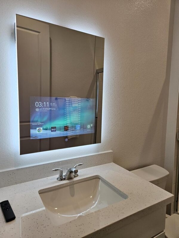 Haocrown 24x32 Inch Bathroom Vanity Mirror with 21.5” Touchscreen Smart TV, Streaming Apps, Weather,Clock, 3-Color Dimmable LED Light, Anti-Fog,Wi-Fi, Bluetooth,HDMI,Vertical Wall Mount(2025 Upgraded) - Image 6