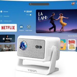 【Netflix Licensed & Auto focus Projector】VISSPL Smart Projector with WiFi and Bluetooth, Auto Focus & Keystone Protable Mini Projector with Stand, Native 1080P Netflix Home Theater Projector