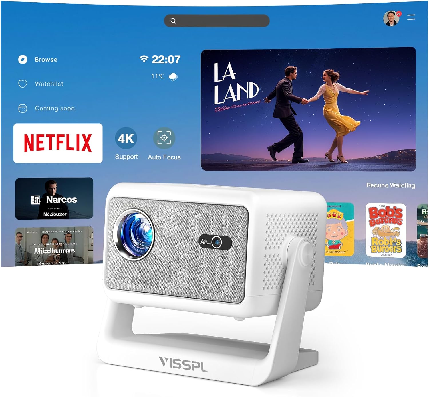 【Netflix Licensed & Auto focus Projector】VISSPL Smart Projector with WiFi and Bluetooth, Auto Focus & Keystone Protable Mini Projector with Stand, Native 1080P Netflix Home Theater Projector