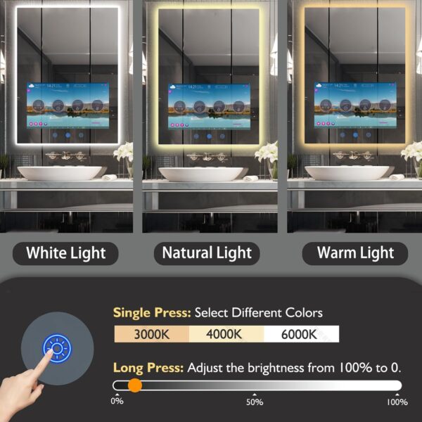 Haocrown 24x32 Inch Bathroom Vanity Mirror with 21.5” Touchscreen Smart TV, Streaming Apps, Weather,Clock, 3-Color Dimmable LED Light, Anti-Fog,Wi-Fi, Bluetooth,HDMI,Vertical Wall Mount(2025 Upgraded) - Image 4