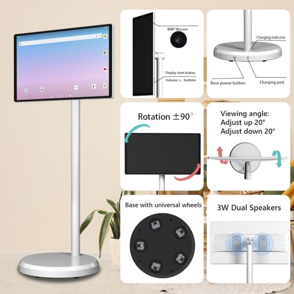 OFD 21.5 Inch Portable TV on Wheels 1080P,100%sRGB,6GB RAM+128GB Storage,RollingTV,Touch Screen Large Tablet with Base,8MP Webcam,Android 13 OS| Wireless Projection| 6000 mAh Battery(Play 4-6H),White - Image 6