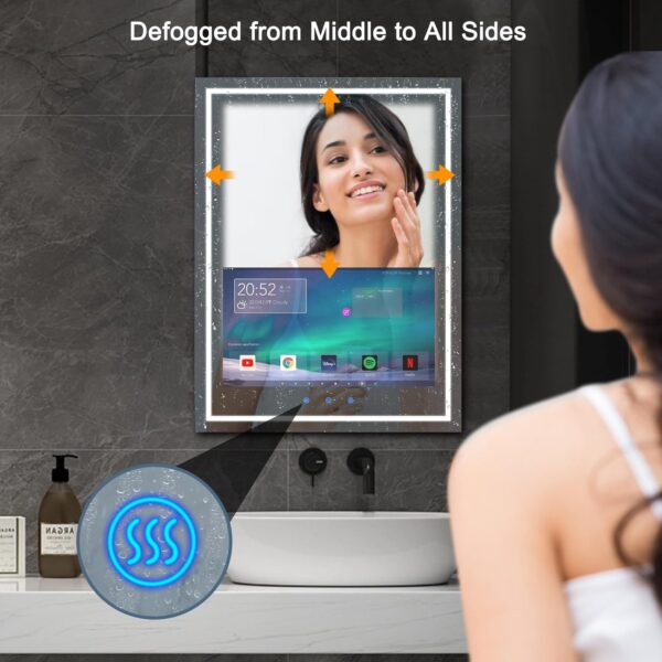 Haocrown 24x32 Inch Bathroom Vanity Mirror with 21.5" Touch Screen Smart TV, Streaming Apps, Weather Clock Date, 3 Color Dimmable LED Light, Anti-Fog Wi-Fi Bluetooth HDMI, Vertical Wall Mounted (2025) - Image 3
