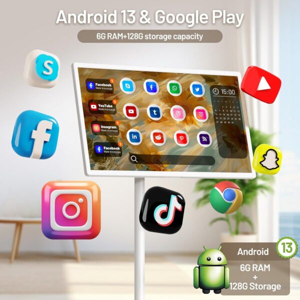 32-Inch Portable TV with Touch Screen | 6GB RAM + 128GB Storage | 1080P Full HD Portable Monitor with Built-in 8-Hour Battery | Android 13 OS | Rolling TV on Wheels | Remote Control - Image 3