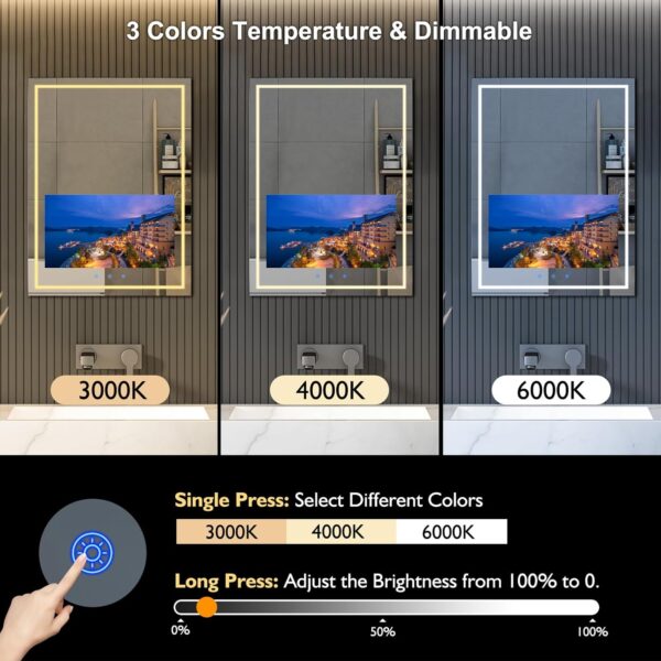 Haocrown 24x32 Inch Bathroom Vanity Mirror with 21.5" Touch Screen Smart TV, Streaming Apps, Weather Clock Date, 3 Color Dimmable LED Light, Anti-Fog Wi-Fi Bluetooth HDMI, Vertical Wall Mounted (2025) - Image 4