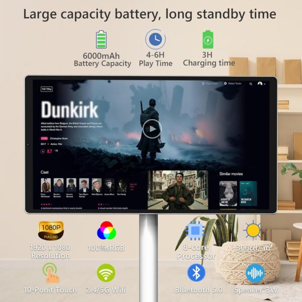 OFD 21.5 Inch Portable TV on Wheels 1080P,100%sRGB,6GB RAM+128GB Storage,RollingTV,Touch Screen Large Tablet with Base,8MP Webcam,Android 13 OS| Wireless Projection| 6000 mAh Battery(Play 4-6H),White - Image 3