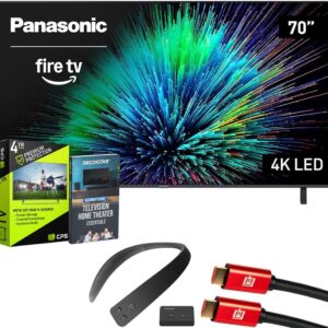 Panasonic TV-70W70BP W70 Series 70 inch LED 4K Ultra HD Smart Fire TV Bundle with WN10 Neck Speaker, 4 YR CPS Enhanced Protection, 2X HDMI Cable & Deco Gear Complete Home Theater Beginner’s Guidebook
