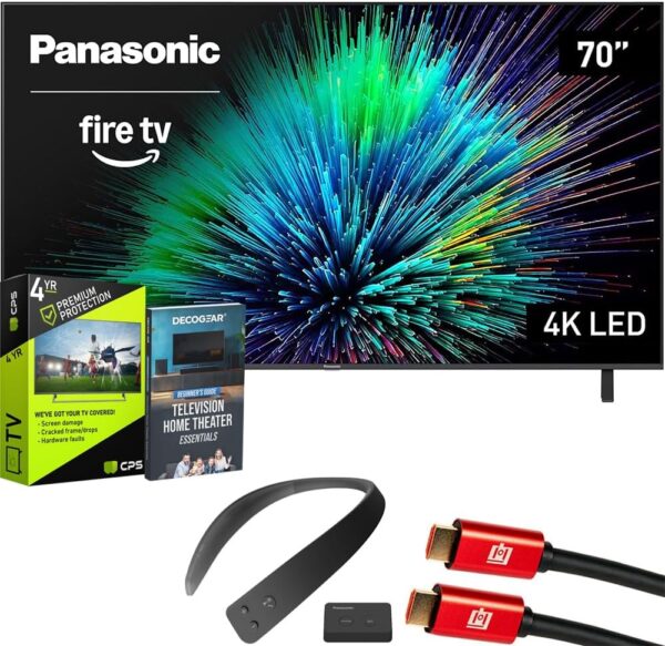 Panasonic TV-70W70BP W70 Series 70 inch LED 4K Ultra HD Smart Fire TV Bundle with WN10 Neck Speaker, 4 YR CPS Enhanced Protection, 2X HDMI Cable & Deco Gear Complete Home Theater Beginner's Guidebook