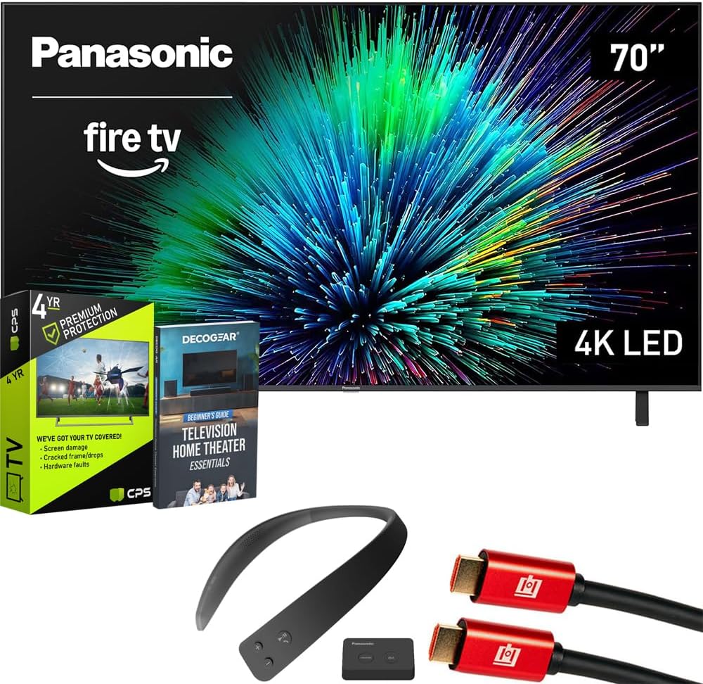 Panasonic TV-70W70BP W70 Series 70 inch LED 4K Ultra HD Smart Fire TV Bundle with WN10 Neck Speaker, 4 YR CPS Enhanced Protection, 2X HDMI Cable & Deco Gear Complete Home Theater Beginner's Guidebook