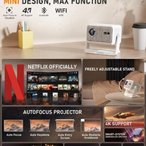 【Netflix Licensed & Auto focus Projector】VISSPL Smart Projector with WiFi and Bluetooth, Auto Focus & Keystone Protable Mini Projector with Stand, Native 1080P Netflix Home Theater Projector