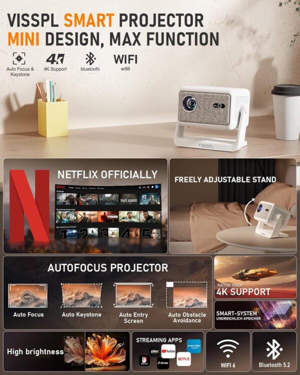 【Netflix Licensed & Auto focus Projector】VISSPL Smart Projector with WiFi and Bluetooth, Auto Focus & Keystone Protable Mini Projector with Stand, Native 1080P Netflix Home Theater Projector - Image 2