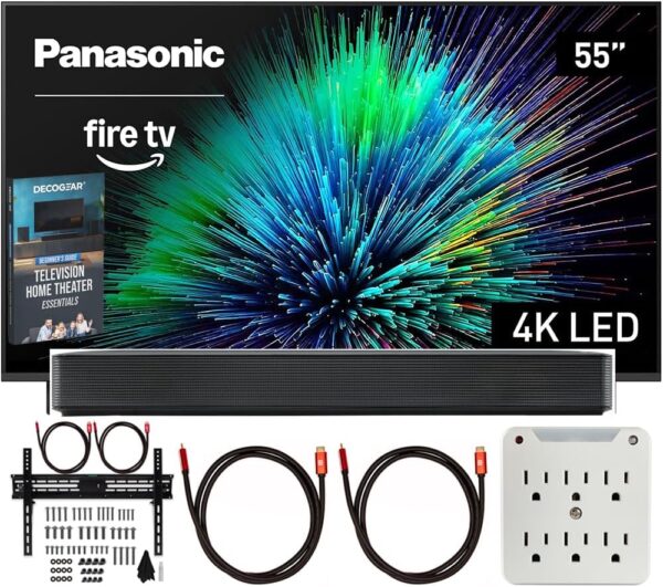 Panasonic TV-55W70BP W70 Series 55 inch LED 4K Ultra HD Smart Fire TV Bundle with Bluetooth Soundbar, TV Wall Mount, 6-Outlet Surge Adapter, Theater Essentials and 2X HDMI Cable