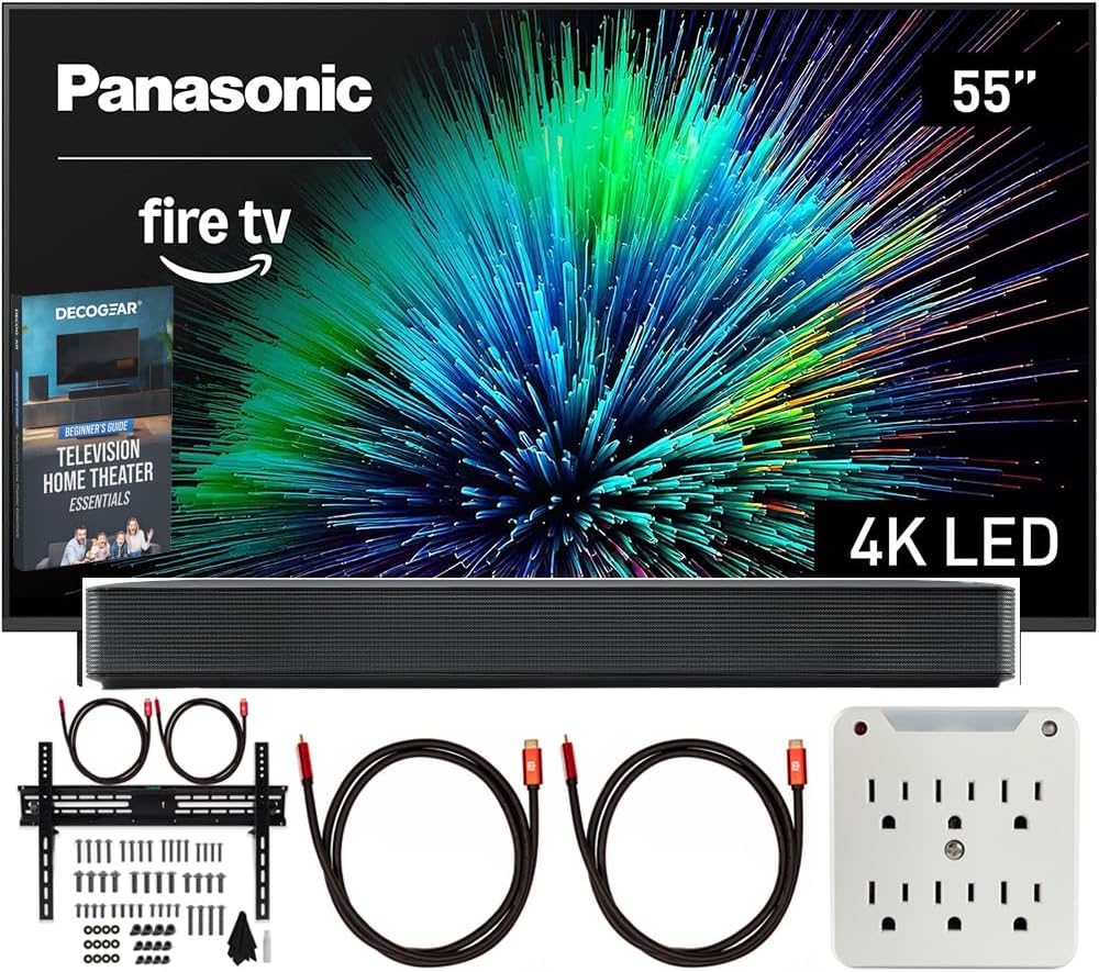 Panasonic TV-55W70BP W70 Series 55 inch LED 4K Ultra HD Smart Fire TV Bundle with Bluetooth Soundbar, TV Wall Mount, 6-Outlet Surge Adapter, Theater Essentials and 2X HDMI Cable