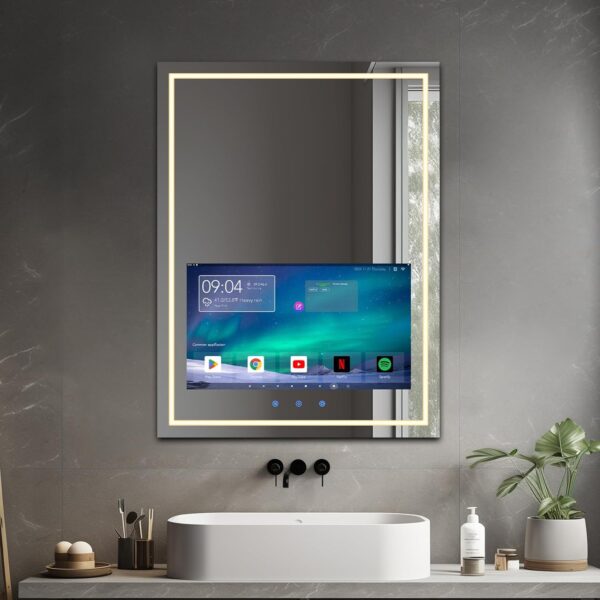 Haocrown 24x32 Inch Bathroom Vanity Mirror with 21.5" Touch Screen Smart TV, Streaming Apps, Weather Clock Date, 3 Color Dimmable LED Light, Anti-Fog Wi-Fi Bluetooth HDMI, Vertical Wall Mounted (2025) - Image 7
