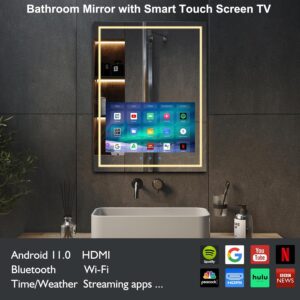 Haocrown 24×32 Inch Bathroom Vanity Mirror with 21.5″ Touch Screen Smart TV, Streaming Apps, Weather Clock Date, 3 Color Dimmable LED Light, Anti-Fog Wi-Fi Bluetooth HDMI, Vertical Wall Mounted (2025)