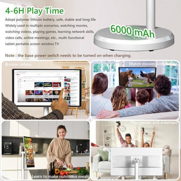 OFD 21.5 Inch Portable TV on Wheels 1080P,100%sRGB,6GB RAM+128GB Storage,RollingTV,Touch Screen Large Tablet with Base,8MP Webcam,Android 13 OS| Wireless Projection| 6000 mAh Battery(Play 4-6H),White - Image 8