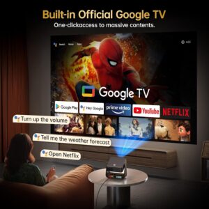 【Buit-in Google TV & Voice Control】Smart Projector with WiFi 6 and Bluetooth, 4K Support Movie Outdoor Projectors Compatible with Netflix/Prime Video/YouTube, Auto Focus Home Proyector 180°Stand
